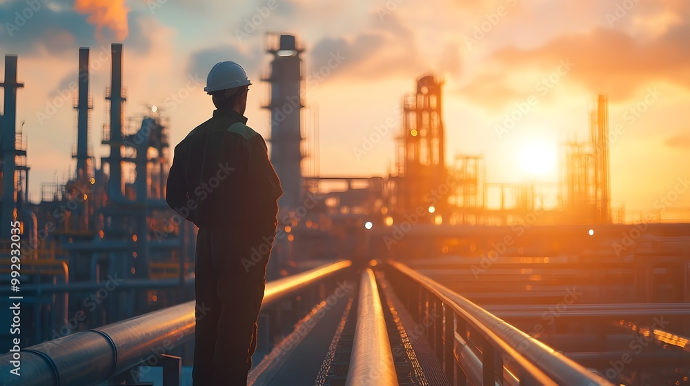 Poster engineer monitoring oil pipelines through advanced control systems in modern refinery setting