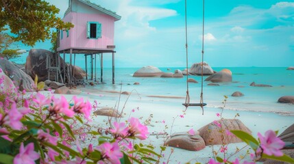 Coast of paradise island with flowering trees and swings
