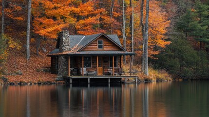 Fototapeta premium Cozy lakeside cabin surrounded by autumn foliage with a peaceful, reflective water view