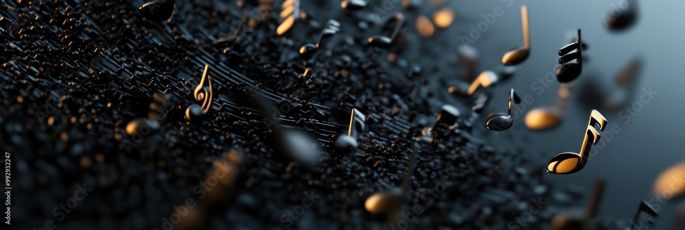 Poster a dynamic scene featuring floating musical notes against a textured background.