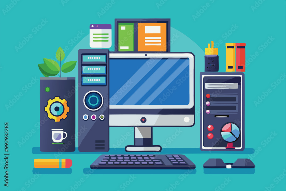 Poster a vibrant desktop computer setup features a semi flat monitor, keyboard, and various accessories for