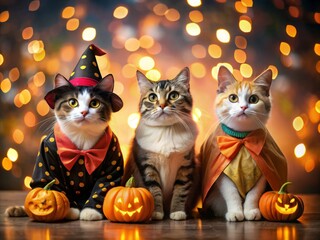 Fototapeta premium Cute cats donning whimsical Halloween costumes add a festive touch to your celebration, enchanting everyone with their