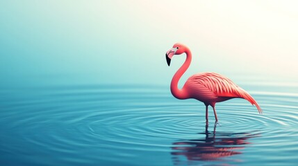 Fototapeta premium A serene pink flamingo wading through calm water, creating gentle ripples.