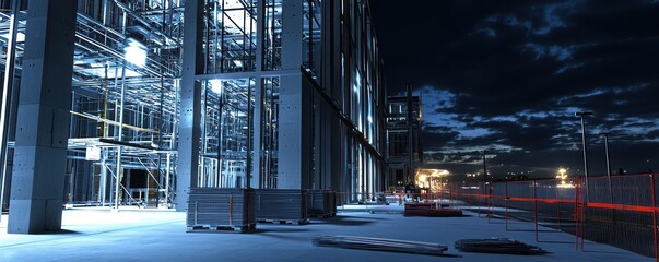Nighttime image of a futuristic data center under construction, with a focus on security features and energy-efficient designs