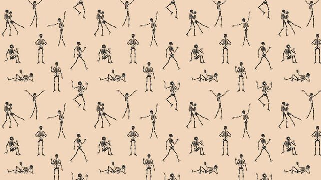 Funny  Skeleton. Cute character Skeleton Bones. Old animation Loop Background. Video flat cartoon animation design element. 4K video footage