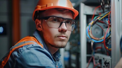 A skilled electrician in his uniform, sitting comfortably in his workspace, surrounded by tools and equipment, showcasing expertise and dedication to electrical work