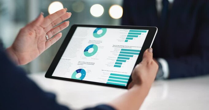 Business people, hands and tablet screen for graphic, discussion or planning in office. Businessman, tech and proposal for communication, project budget and teamwork with collaboration or b2b goal