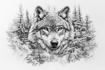 Obraz premium Realistic wolf head tattoo, surrounded by a snowy forest landscape, perfect for the upper arm or chest