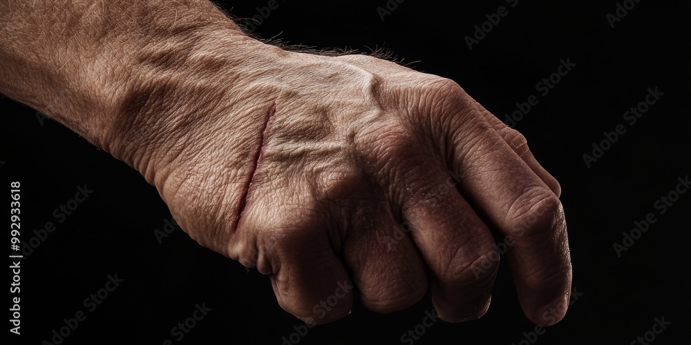 Poster a close-up of a clenched fist showcases the rugged texture of the skin and visible veins. this image
