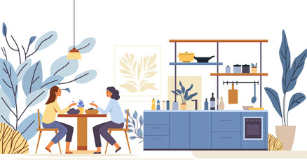 Two women dining modern kitchen plants. Detailed kitchen interior with two women eating at a table surrounded by plants and kitchenware