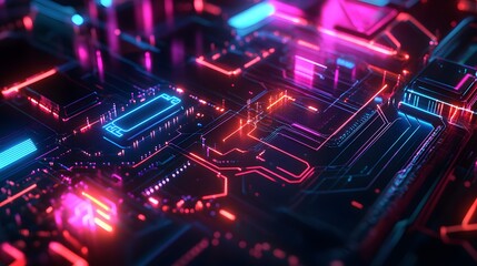 Fototapeta premium Abstract Circuitry with Glowing Pink and Blue Neon Lights