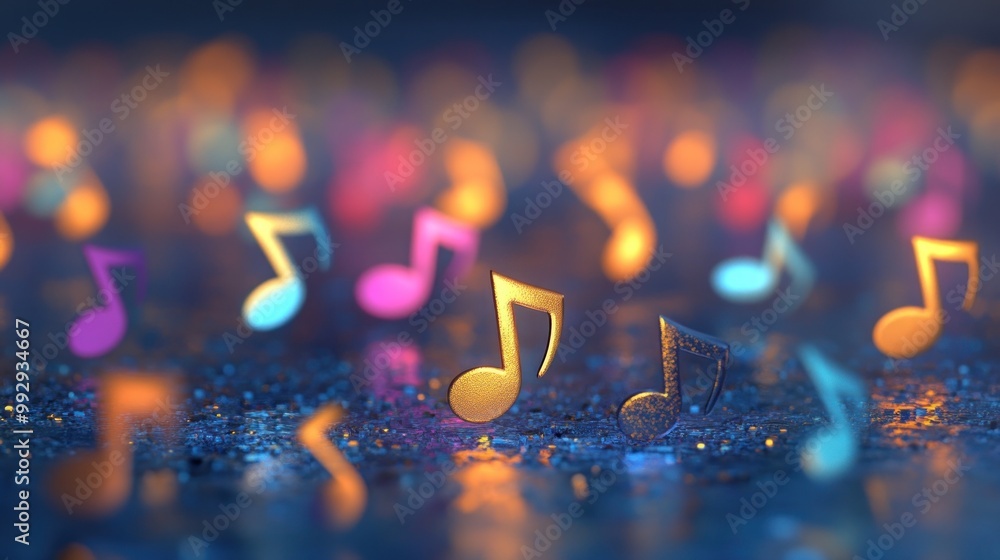 Sticker Colorful musical notes illuminated in a dreamy, blurred background.