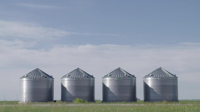 Grain silos on farmland with street