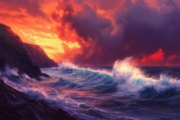 Fototapeta premium Wild waves crashing against steep cliffs at sunset, with the sky glowing in bold shades of red and purple