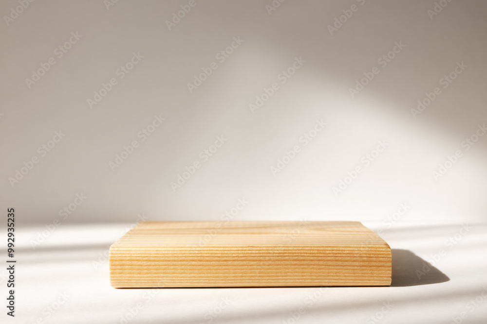 Poster natural wooden stand on white background. mock up 3d empty podium for organic cosmetic product. abst