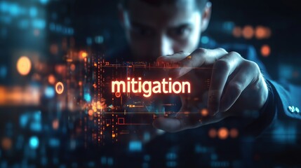 Plan B concept: businessman turning the word "risk" into "mitigation" on digital interface. Risk Mitigation. Ultra realistic. Photorealistic