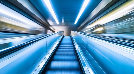 blurred background metro escalator / light blue background movement city infrastructure subway. 