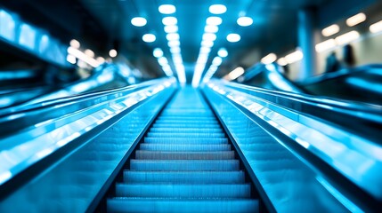 Obraz premium blurred background metro escalator / light blue background movement city infrastructure subway. 