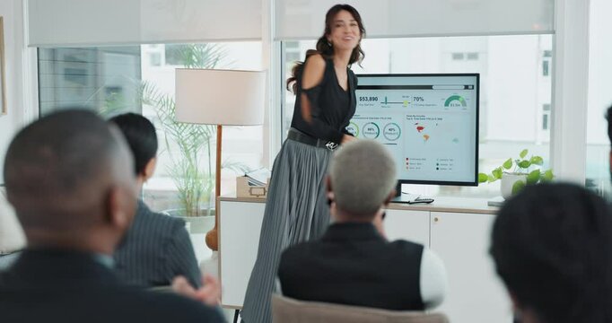 Business people, meeting and presentation screen with applause for answer, diversity and insights in tech company. Team, seminar and presenter in workshop, analytics or discussion in corporate office