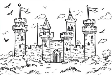 Fototapeta premium Fairytale castle on a hill, with flags flying and birds in the sky, ideal for kids