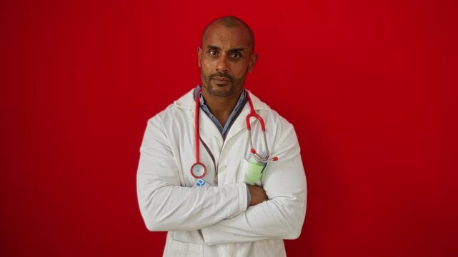 Man standing with folded arms wearing a white lab coat and red stethoscope against a vibrant red background