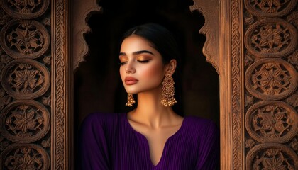 Portrait of an Elegant Indian Woman in a Purple Dress Posing in a Carved Wooden Frame generative ai