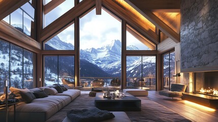 Fototapeta premium Elegant alpine lodge with panoramic views of snow-capped mountains and a cozy interior