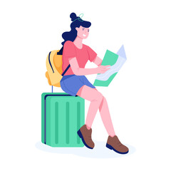 A flat style illustration of traveller girl waiting 