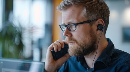 Focused male software designer engaging with a client over the phone in a modern office setting, highlighting the importance of communication in the tech industry