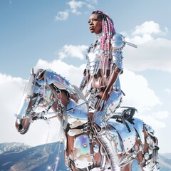 Woman in a silver suit on a horse in the mountains