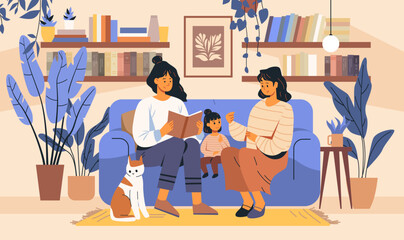 Family reading together on sofa cozy home scene indoor plants bookshelves cat living room decor warm colors website design