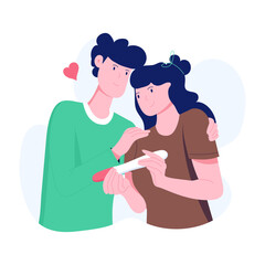 A couple checks a pregnancy test, flat illustration 