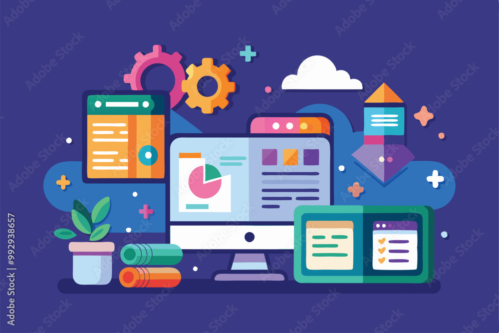 Poster a vibrant digital workspace featuring devices and graphic elements for productivity and creativity, 