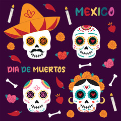 Vector cute hand drawn sugar sculls collection with different national mexican symbols dedicated to Day of the dead celebration
