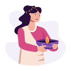 Indian woman with diwali lamp, flat illustration 