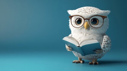 Cute owl wearing glasses and reading a book against a blue background, symbolizing wisdom, knowledge, and learning.