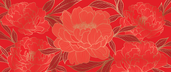 Chinese new year luxury pattern background vector. Oriental peony flower gold line art texture on red background. Design illustration for wallpaper, card, poster, packaging, advertising. © TWINS DESIGN STUDIO