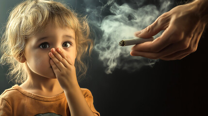 Obraz premium A little child covering their nose with their hand, displaying a disgusted expression as they react to the smell of cigarette smoke