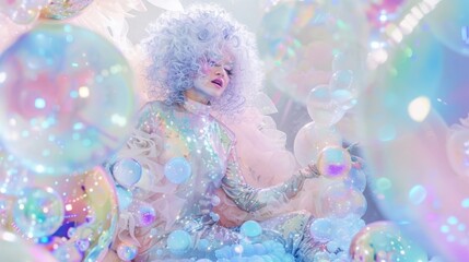 Fototapeta premium A girl with white hair in a silver suit against the background of large soap bubbles 