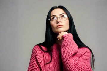 Fototapeta premium A woman with long dark hair and glasses, wearing a pink sweater, looks up thoughtfully with her hand under her chin against a gray background.