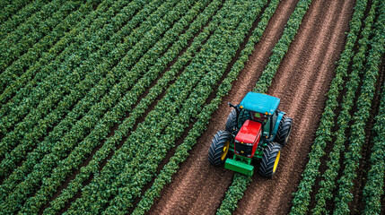 Aerial view of a red and green tractor plowing a lush green field, showcasing agricultural technology and farmland management.
