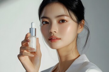 Asian Model Holding Serum Bottle in Soft Light