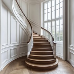 Elegant curved staircase with wooden steps and white handrail in bright, luxurious interior with large windows and natural light.