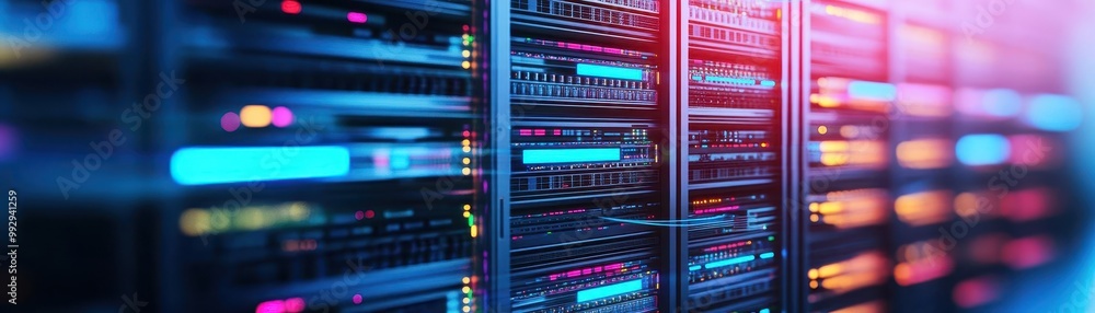 Poster data center with multiple servers, network connections, 3d illustration