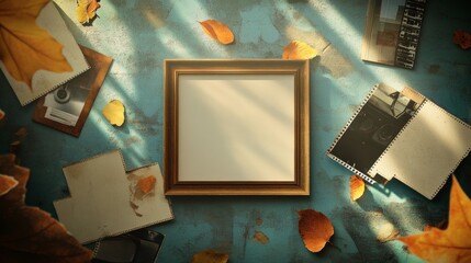A realistic mockup featuring blank photo frames, film strips, and textured elements like torn paper and tape. It has a grunge background with leaves and window shadows, all in a vector format.