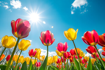 A vibrant field of colorful tulips in full bloom, a breathtaking display of spring's beauty