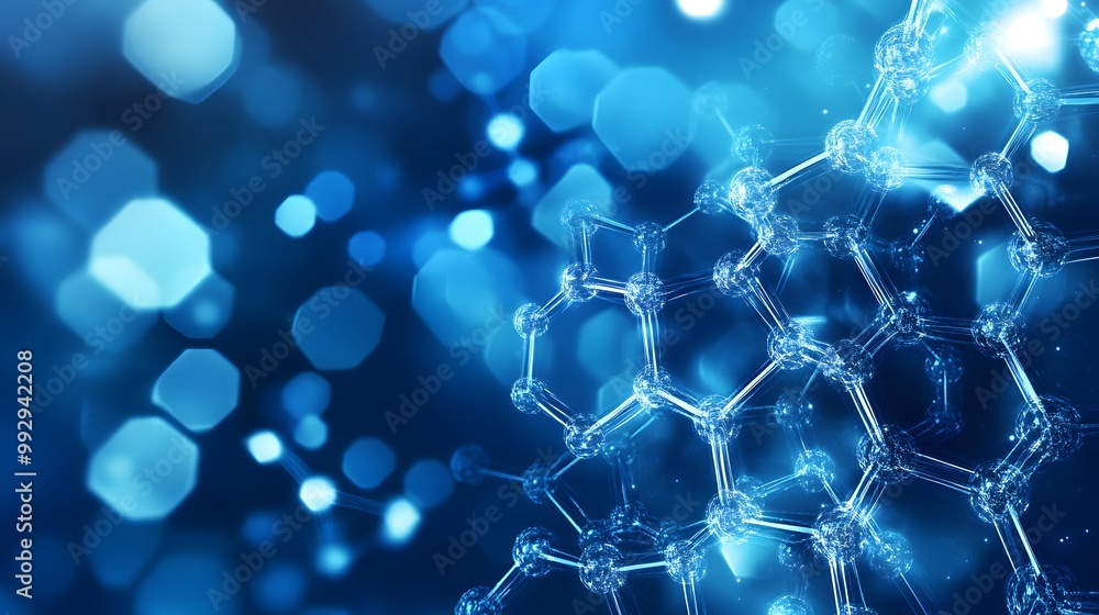 Poster abstract molecular structure with blue bokeh background
