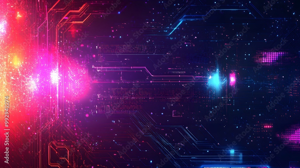 Poster abstract neon circuitry with glowing lines and dots