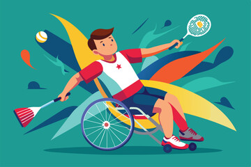 A wheelchair badminton player demonstrates skill and determination with a striking, vibrant backdrop, Customizable Paralympic Badminton Illustration