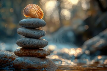 Obraz premium A Seashell Resting Atop a Stack of Smooth Stones in Water